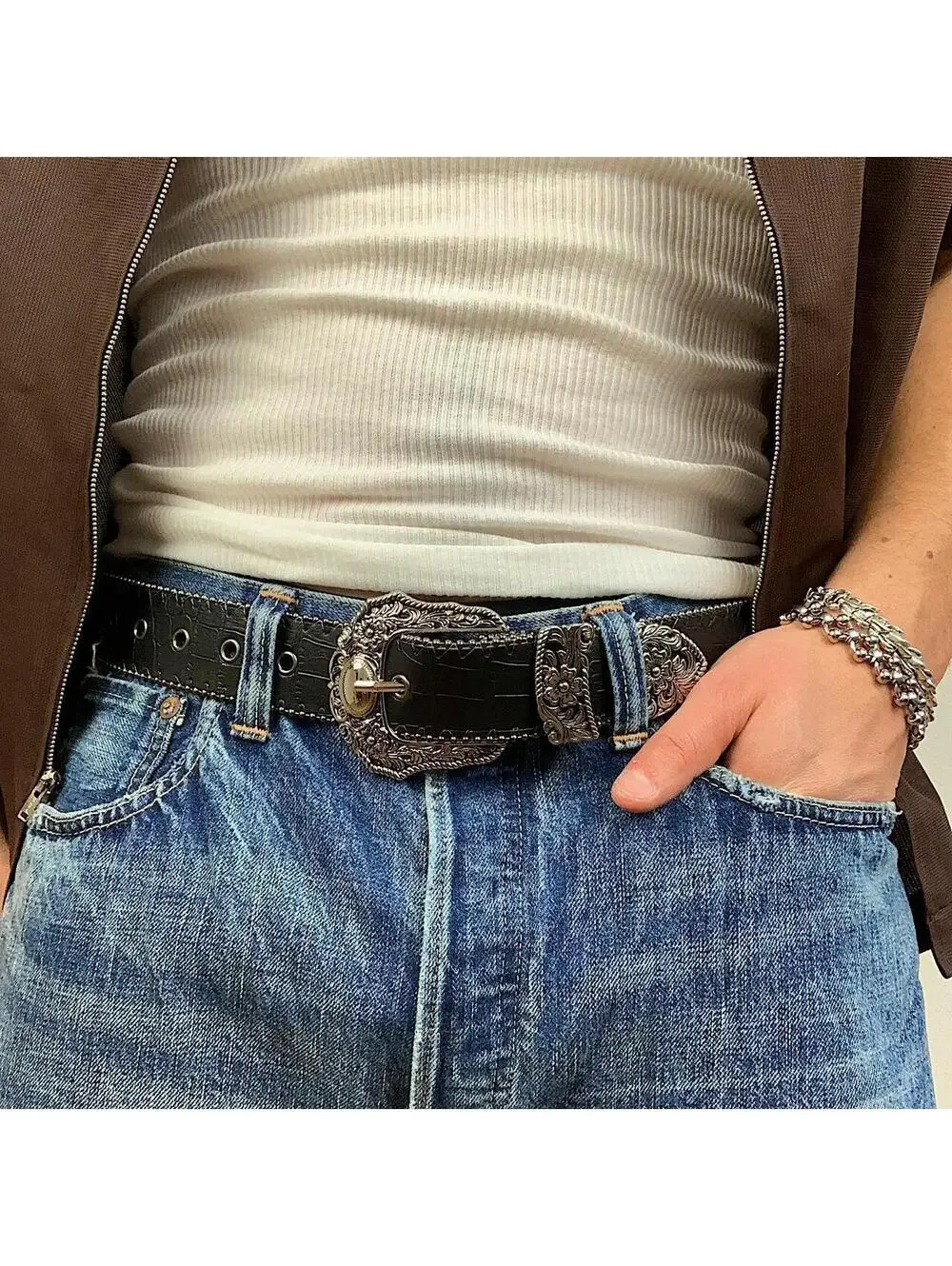 Y2k 2000s style black western silver boho belt. 38.5 inches length. Unisex